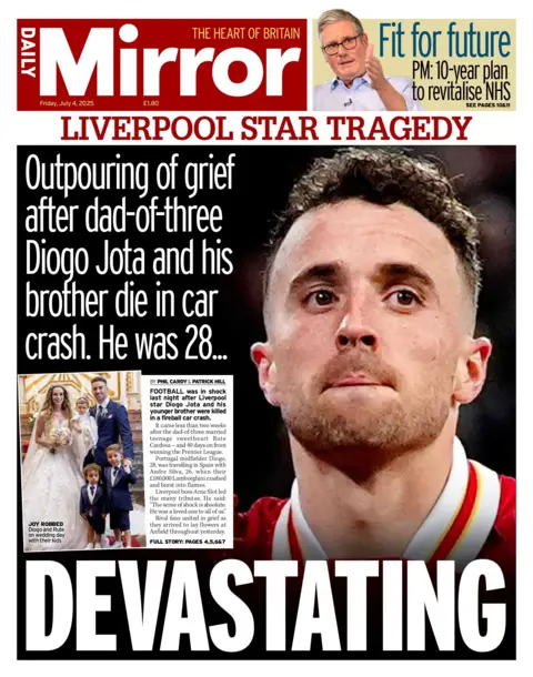 The Mirror uses one word to describe the news: "Devastating". It also features a story on Prime Minister Sir Keir Starmer's 10-year plan to "revitalise the NHS". 
