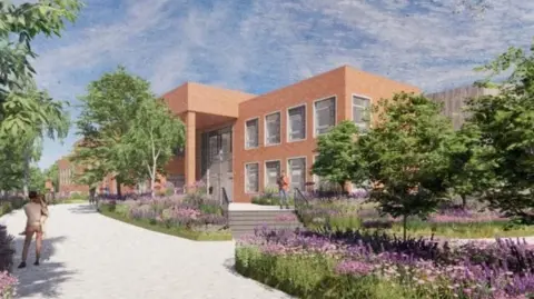 3D rendered image of Betchwood Vale Academy. The image features a red brick coloured building with a series of large windows surrounded by green trees and purple flowers.