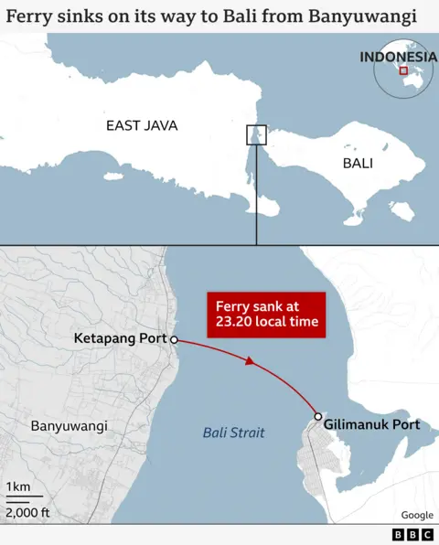Map of Ketapang Port to Gilimanuk port ferry route in Indonesia