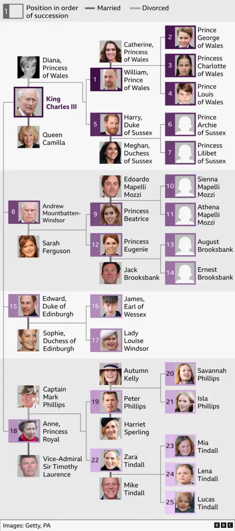 Infographic showing the British royal family order of succession from 1 to 25, arranged as a family tree. King Charles III is at the top. Prince William is first in line, followed by his children Prince George, Princess Charlotte and Prince Louis. Prince Harry is fifth, followed by his children Archie and Lilibet. Other branches show the lines of Andrew, Edward and Anne, with their children and grandchildren. Purple numbered boxes indicate succession rank, and lines show marriages and divorces