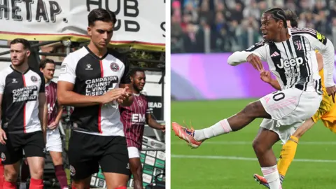 Maidenhead United/EPA Composite pic. On the left is a Maidenhead player walking out onto the pitch before a game wearing the club's black and white shirt and black shorts. On the right is Juventus' Jonathan David taking a shot during a recent Serie A game.