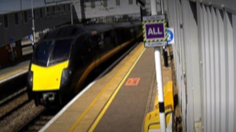 Station CCTV image of the train slowing down at Peterborough platform 1 following the overspeeding incident.