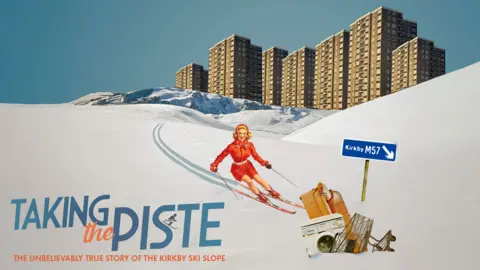 Liverpool's Royal Court A graphic design of a woman in 1950s style dress skiing down a hill. A number of grey council housing blocks are in the background. Text in the corner reads 'Taking the Piste: The Unbelievably True Story of the Kirkby Ski Slope'. 