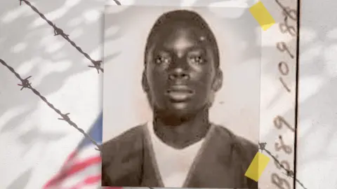 BBC An image of Mark Gordon as a teenager against a background of a US flag and barbed wire