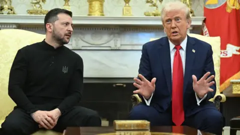Getty Images El presidente de los Estados Unidos, Donald Trump, y el presidente de Ucrania, Volodymyr Zelensky, se sentaron lado a lado durante una reunión en la Oficina Oval de la Casa Blanca el 28 de febrero