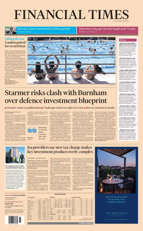 "Starmer risks clash with Burnham over defence investment blueprint," reads the headline on the front page of the Financial Times.