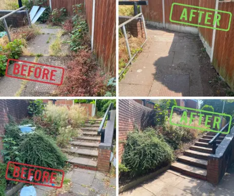 City of Wolverhampton Council Four photos, two including the word "before" in red and the other two "after" in green. The top left image includes greenery on a walkway, which was cleared before the top right photo was taken.