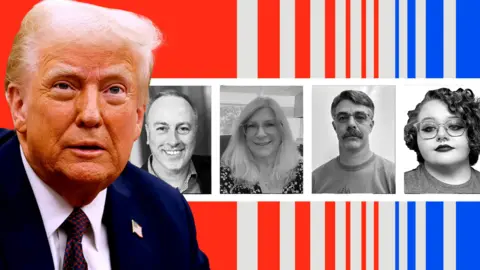 A composite image showing Donald Trump and smaller photos of the voters who contributed to the story