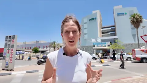 BBC correspondent Lucy Williams, outside Soroka Hospital in Beersheba, Israel