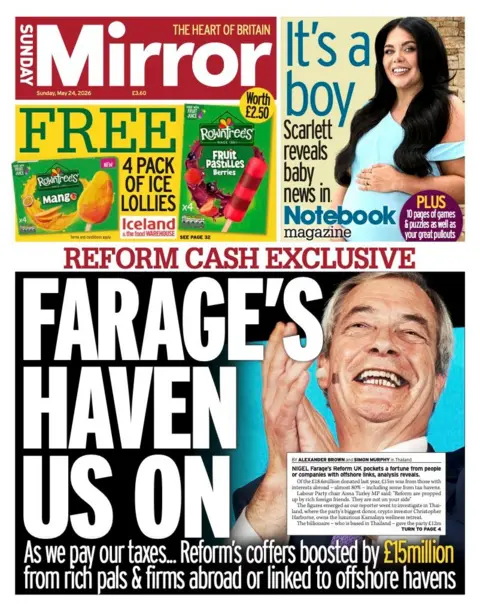 The headline on the front page of the Daily Mirror reads: "Farage's haven us on."