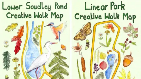 Canopy Creative Network A composite image showing a side by side of two of the posters. They are hand drawn and painted designs depicting illustrations of leaves, trees, insects, lakes, and wild birds.