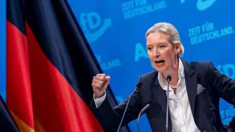 EPA Alice Weidel, a blond woman wearing a suit jacket and a white shirt, shakes her fist. The blue background reads "It's time for Germany". A German flag is set to her right