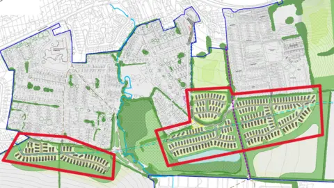 Haven An aerial map of the proposals for the Weymouth Bay Holiday Park site. It shows some green areas and existing caravans. Two blocks of new caravans are outlined in red. They are in the south area of the park, towards the sea.