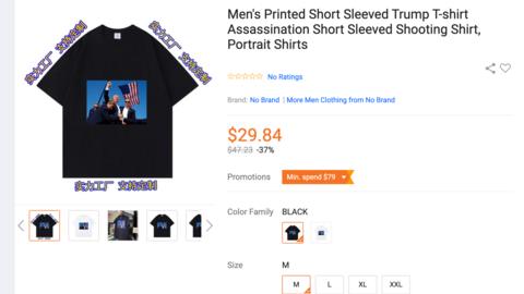 Listing of a T-shirt on Lazada, an e-commerce platform owned by Alibaba. Listings like these have been pulled from platforms in China.