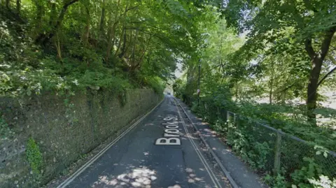 A leafy, narrow street. 
