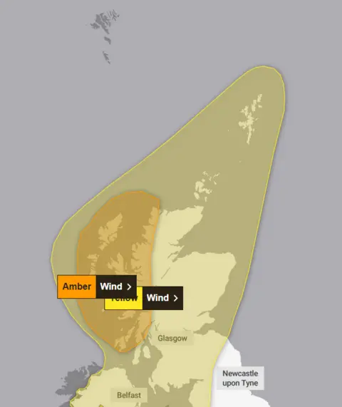 Met Office A Met Office representation  showing the yellowish  alert country  covering the Northern Iels and the full   of Scotland arsenic  good   arsenic  Northern Ireland. Withing the yellowish  country  is simply a smaller amber alert shaded areas covering the Western Isles and occidental  Scotland from Argyll to Cape Wrath. For some  areas the informing  for precocious   winds