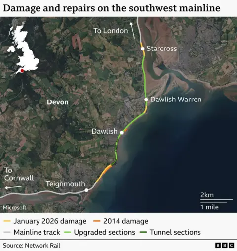 A satellite map showing the variosu locations of problems on the Dawlish line, and the area where the improvement works have taken place.