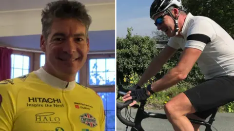 Andrew Herbert The image is split into two side‑by‑side photos. The left photo shows a man wearing a bright yellow cycling jersey with various printed logos and a badge-style graphic with crossed flags. The man is indoors, standing in front of a row of windows with red curtains. The right photo shows the same person riding a bicycle outdoors on a road bordered by greenery. He is wearing a white short‑sleeved cycling top, black cycling shorts, black gloves, and a helmet. 