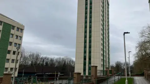 LDRS A tower block with green windows and beige cladding rises into the sky on a overcast day in Stockport
