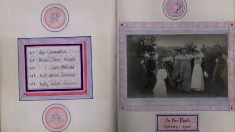 Kevin Shoesmith/BBC A page from The Hospital Book contains a photograph of soldiers laughing as they line up for a sack race, watched by Lady Julia Sheffield and associates of her family.
