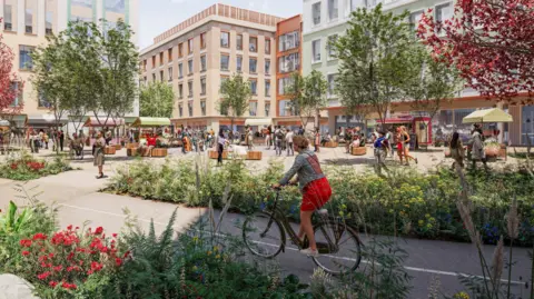 Railpen An artist's impression of what the redeveloped Beehive Centre would look like. There are four and five-storey buildings, foliage, people socialising and cycling. 