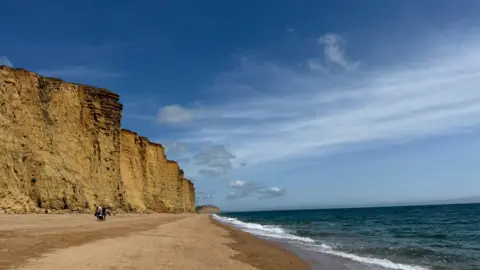 The golden cliffs at West Bay towering over the beach and sea in the foreground. 