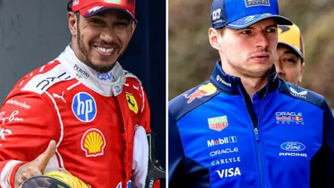 A composite image of Lewis Hamilton and Max Verstappen