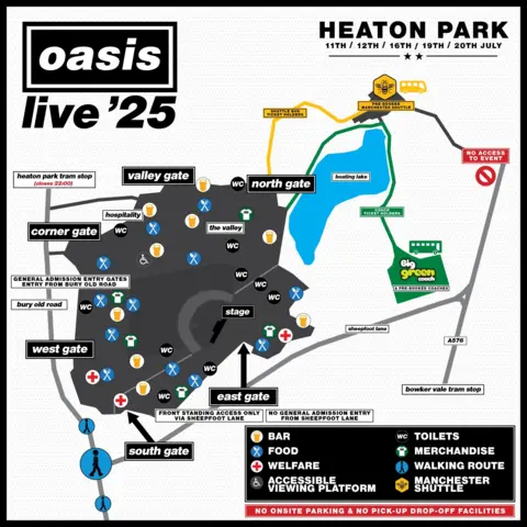 Gigs and Tours A colourful map of Heaton Park showing the locations of bar, toilets, food stands, toilets and merchandise stands