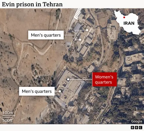 A map of Evin prison in Tehran, Iran. Showing a satellite image of the grounds from a Birds Eye view with arrows pointing towards the men's and women's quarters. There is also a locator to show where in Iran Tehran is (North).