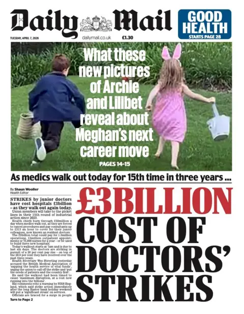 The headline on the front page of the Daily Mail reads: "£3billion cost of doctors' strikes".