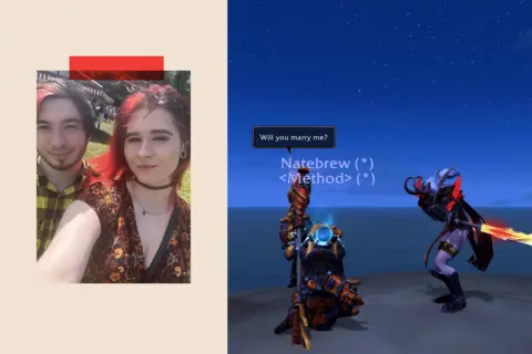 A selfie of Nate and Jess on the left, and on the right, a screenshot from World of Warcraft showing Nate proposing with the words, "Will you marry me?" 