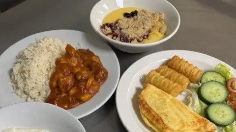 Three plates for food ready to service to hospital patients. One plate features rice and a curry while the other has an egg omelette, side salad and three croquettes. A white bowl contains a portion of crumble covered in custard.