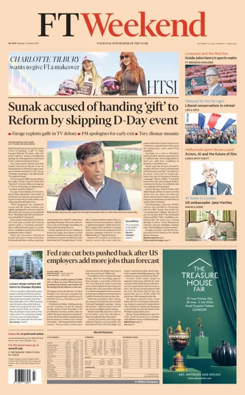 The headline on the front of the Financial Times reads: “Sunak accused of handing ‘gift’ to Reform by skipping D-Day event”