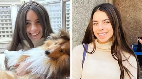 PA Media Hannah Lynch holds her dog Faucet (left) and another photo of Hannah (right)