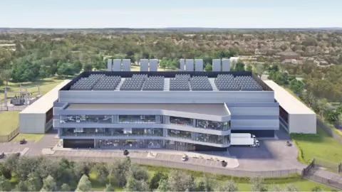 TVPDC A CGI of the front of a proposed data centre on a business park