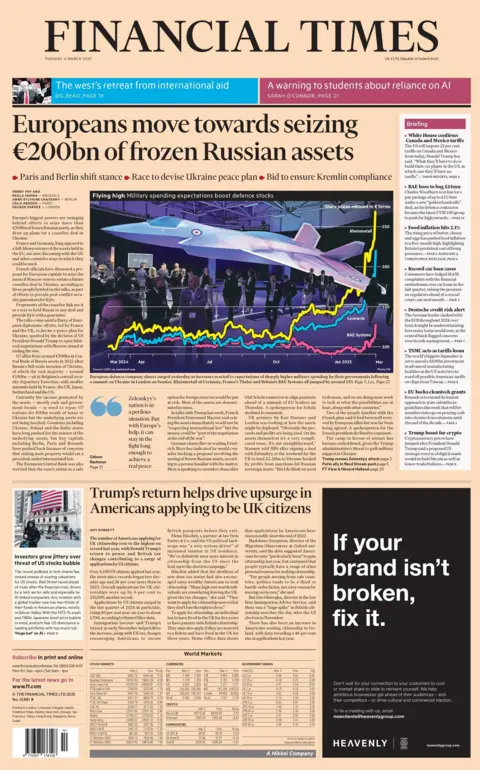 El titular en la página principal de Financial Times dice: "Los europeos se mueven hacia la toma de 200 mil millones de euros de activos rusos congelados."