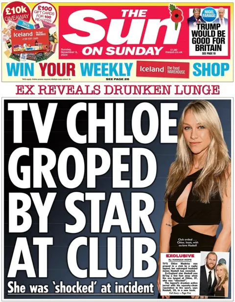 The front page of the Sun on Sunday. The headline reads: 'TV Chloe groped by star at club' next to a photograph of Chloe Madeley in a black dress.