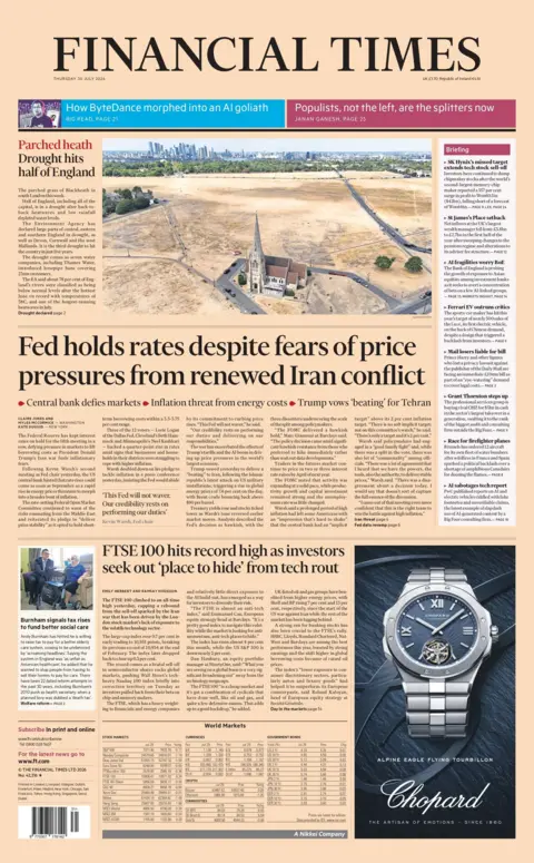 "Fed holds rates despite fears of price pressures from renewed Iran conflict," reads the headline on the front page of the Financial Times. 