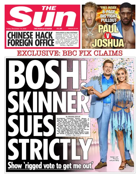 The headline on the front page of the Sun reads: "Bosh! Skinner sues Strictly".