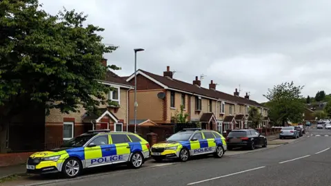 Two police cars are seen parked in a layby beside a road close to a number of houses. A number of other cars are also visible in the background