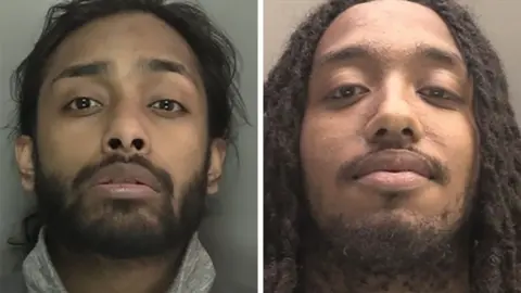 Merseyside Police Prison mugshots of Justin Sebastian and Alexander Nyarashe. Mr Sebastian has a dark beard and long dark hair. Mr Nyarashe has dark facial hair on his chin and long dark dreadlocked hair.