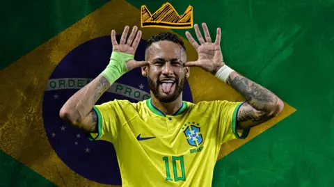 Neymar in front of a Brazil flag with a cartoon crown above his head