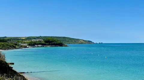 SUNDAY - The sea looking a vivid blue colour with the needles lighthouse on the horizon and a lush green headland