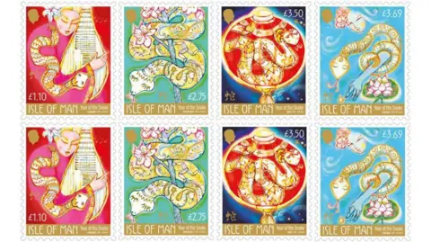 Two rows of the four stamps, which feature a woman playing a lute with her arm as a snake on a pink background , a gold snake wrapped around a tree with the Manx triskellion on the snake on a green background, a Chinese lantern with a golden snake on it on a dark blue background, and a snake wrapped around a woman's arm as she reaches out to a water lily on a light blue background.