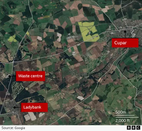 A map detailing where the Waste centre, Ladybank and Cupar is