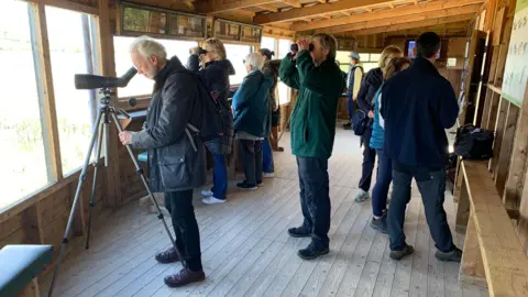 People are standing in a bird hide looking through binoculars in the direction of the osprey nest