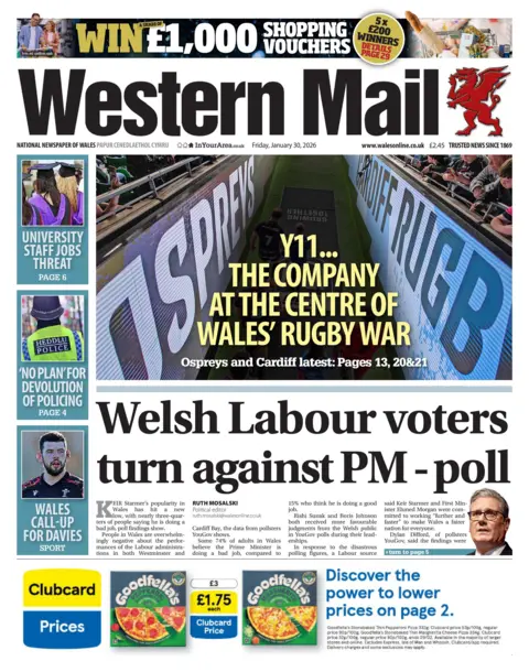 Western Mail Western Mail front page. Headline is: "Welsh Labour voters turn against PM - poll"