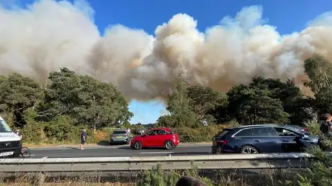 Eleanor Kemp One side of a dual carriageway is pictured. Cars can be seen passing by while, in the background, thick smoke bellows into the sky from beyond tall green trees. 