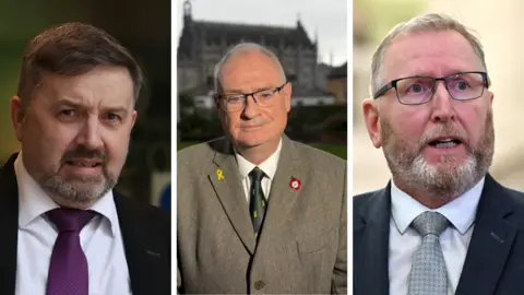 PA/BBC/PA Three photos separated by white lines. The man in the first photo is wearing a black suit with a white shirt and purple tie. The man in the centre is wearing glasses and a grey suit. The third man is wearing glasses and a navy suit with a white shirt and grey tie.