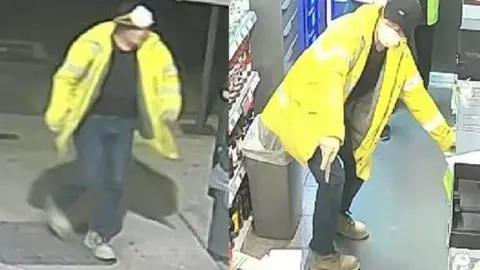 Two CCTV images of a man dressed in dark clothing with a yellow hi-vis coat and mask - he is pictured inside and outside a petrol station. 